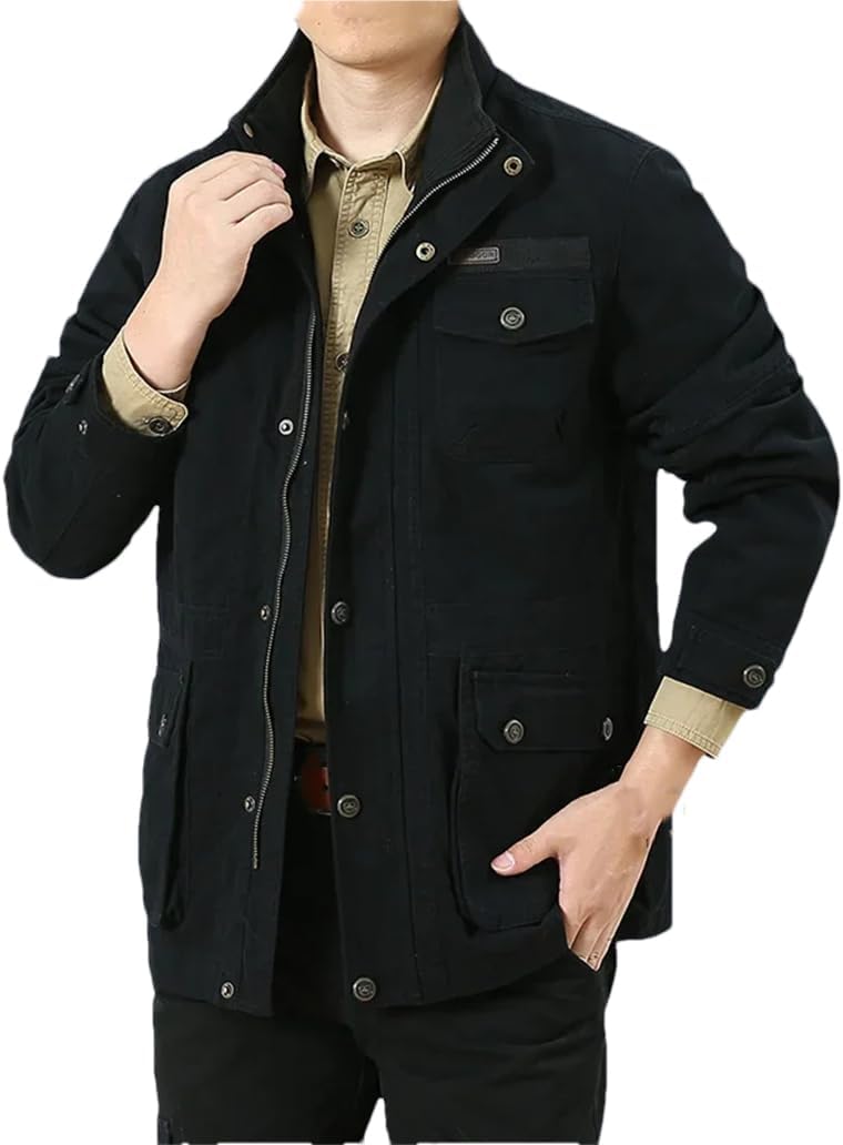 REHJJDFD Men Spring Fall Cotton Multi-Pocket Casual Jackets Male Jacket Work Jackets