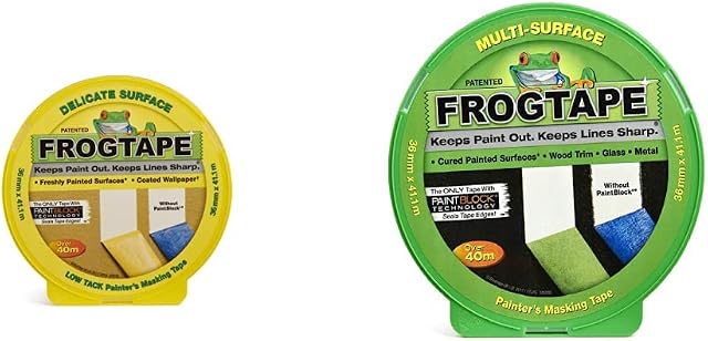 Frog Tape Yellow Delicate Surface Painters Masking Tape 36mm x 41.1m & Green Multi Surface Painters Masking Tape, Indoor Painting and Decorating For Sharp Lines and No Paint Bleed 36mm X 41.1m