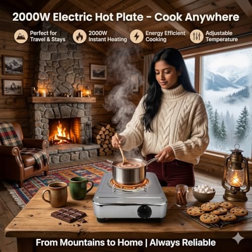 Image of Drumstone 2000W Electric Hot Plate Single Burner, Stainless Steel Portable Cooktop with Adjustable Temperature Control Knob, Coil Heating, Electric Cooking Stove for Home, Office, Hostel & Travel