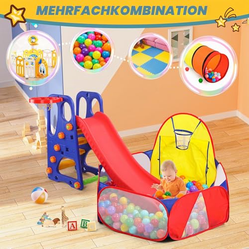 Eocolz Bällebad für Kinder, großes Pop-Up-Ballgäbe für Kleinkinder, Spielhaus, Baby-Laufstall, mit Basketballkorb und Aufbewahrungstasche mit Reißverschluss, 120 cm (Blau & rot & gelb)
