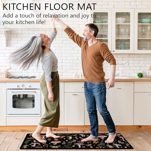 FNLNDO Mushroom Butterfly Kitchen Rugs Sets of 2 Mushroom Kitchen Decor Anti Fatigue Cushioned Floor Mats Non Skid Washable Comfort Standing Runner Mat for Home Sink (Black, 17.5
