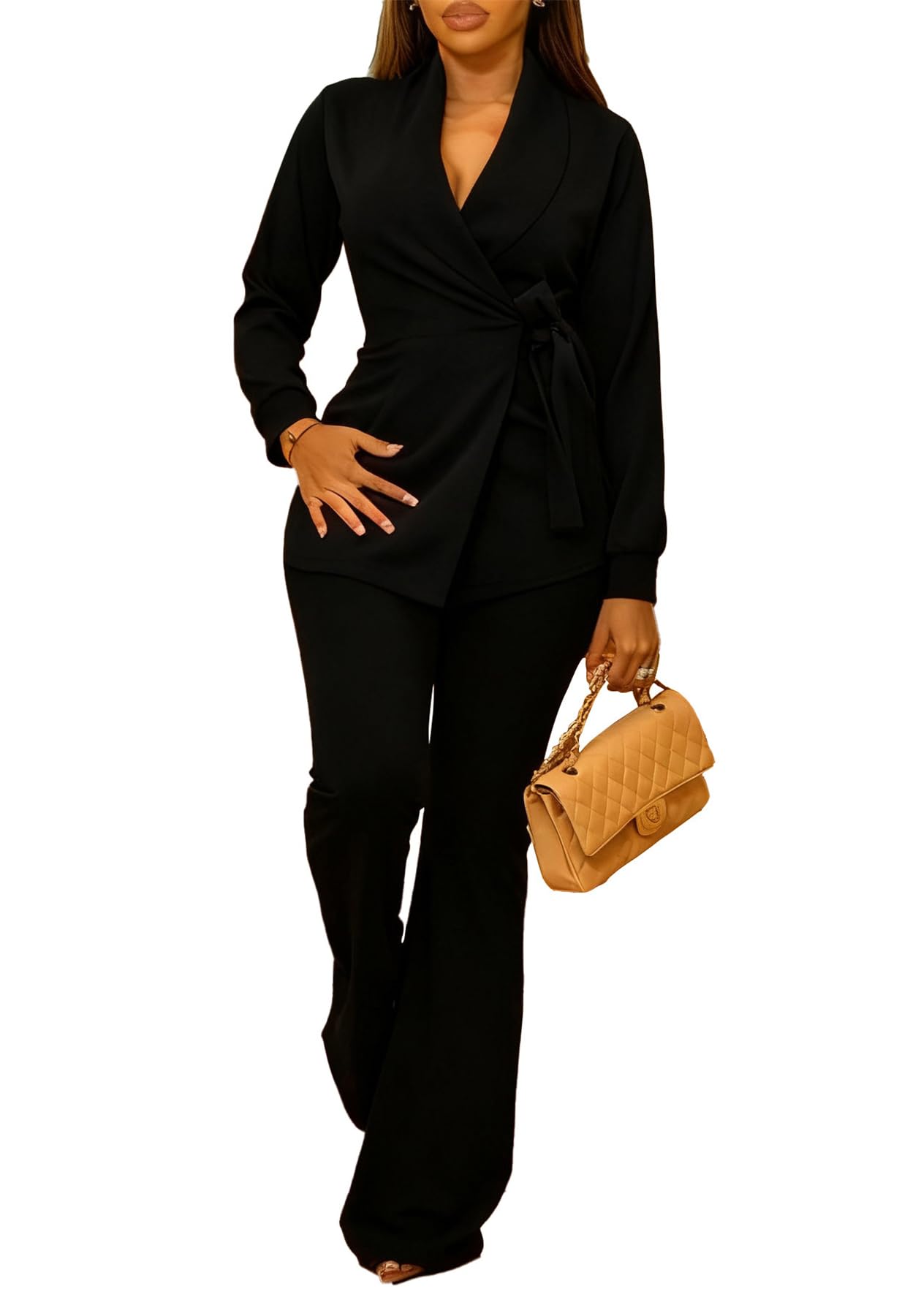 YOOTIKO Womens Business Suits 2 Piece Set Trendy Belted Blazer Flare Pants Set Casual Office Outfits