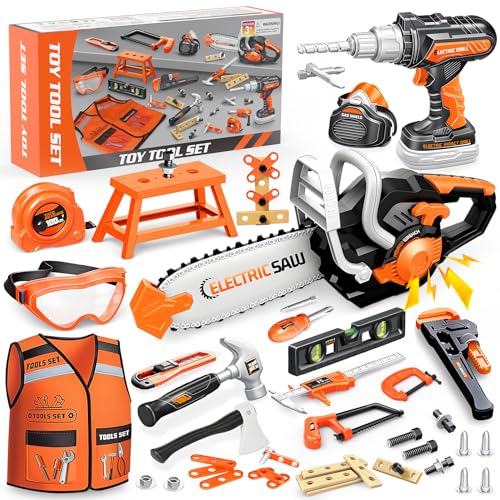 Kids Tool Set Toys 56 Pcs Toddler Tool Set with Toy Chainsaw & Electronic Drill Vest Pretend Play Kids Construction Tools Toy for Toddler 3-5 Years Old Christmas Birthday Gifts