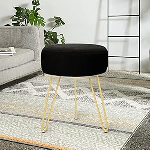 Velvet soft modern vanity footstool round footrest stool ottoman side table seat dressing with golden metal leg and sponge fillingupholstered foot rest for living room and bedroom black  urban country home decor