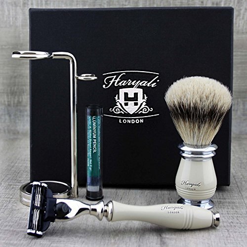 Haryali London 3 Edge Shaving Razor With Pure Silver Tip Badger Hair Brush, Stand and Alum Pencil Perfect Shaving Kit For Mens