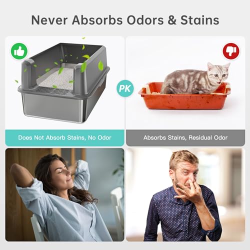 Image of WoofiGo Enclosed Stainless Steel Cat Litter Box with Lid, XL Extra Large Litter Box for Big Cats, Metal Litter Pan High Sided, Never Absorbs Odors, Anti-Urine Leakage, Easy Cleaning, Include Scoop