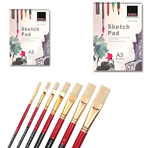KAMAL Combo of Flat Wash Hog Hair Set of 7 with A5/A3 Sketch PAD Set of 2 140 GSM DOODLING, Painting, Sketching - Oil, Acrylic, Water, Poster Colours