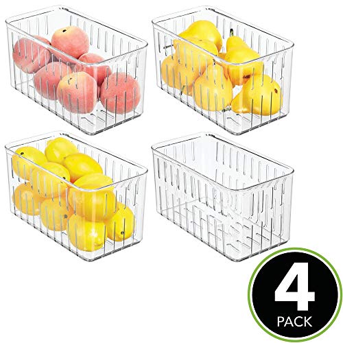 mDesign Plastic Kitchen Refrigerator Produce Storage Organizer Bin with Open Vents for Air Circulation - Food Container for Fruit, Vegetables, Lettuce, Cheese, Fresh Herbs, Snacks - M, 4 Pack - Clear