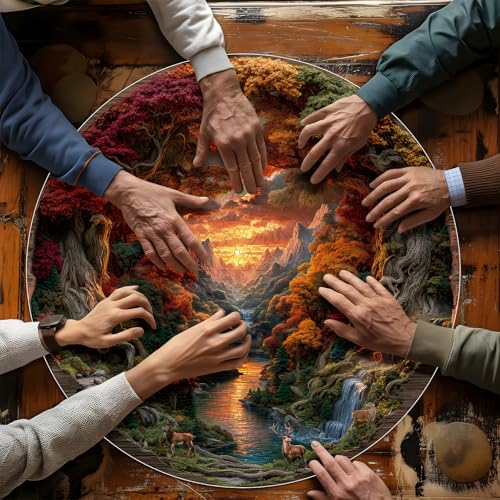 Puzzle redondo 3D de 1000 piezas para adultos, escena de naturaleza con ciervo, cascada y atardecer miniatura 4