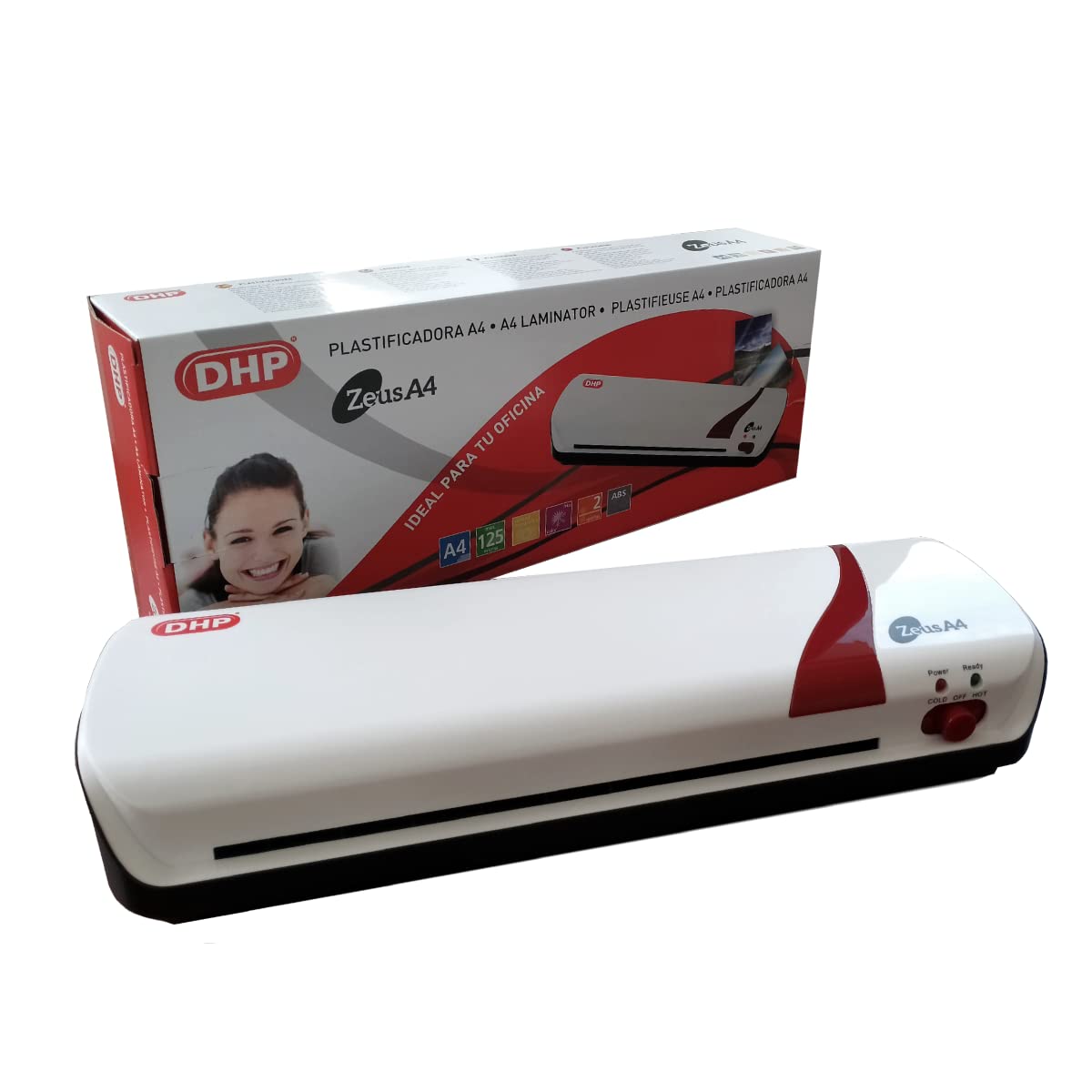 Plastificadora DHP Zeus A4 - Plastificadora A4 de dos rodillos con liberalización ABS, plastifica fundas de hasta 125 micras (1 cara)
