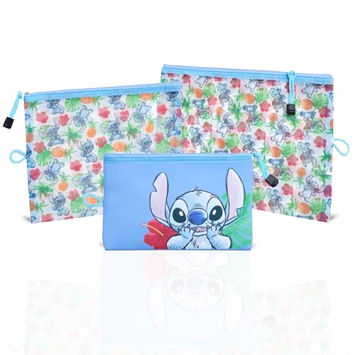 Disney Stitch Travel Pouch 3-Pack Official License, Zipper Pouch Set of 3 in Different Sizes, Travel Cosmetic Bag