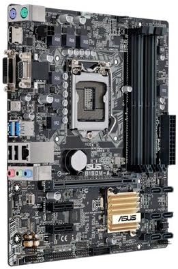 Rear I/O panel of the ASUS B150M-A motherboard, showing ports for PS/2, VGA, DVI, HDMI, USB 3.0, USB 2.0, LAN, and audio jacks.