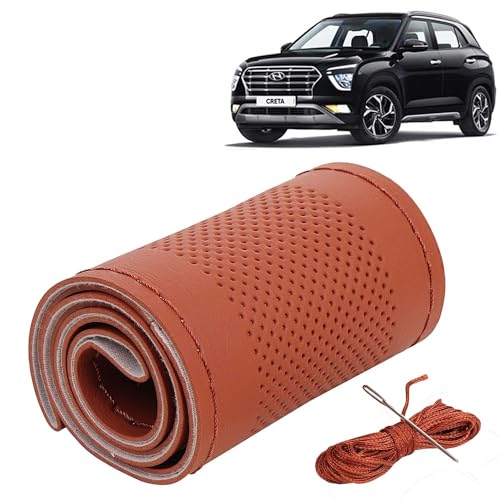 Image of KINGSWAY PU Leatherite Car Steering Cover Sewable Compatible with Hyundai Creta (Year 2020 Onwards), Tan Color with Tan Thread, Pack of 1 with Sewing Needle and Thread
