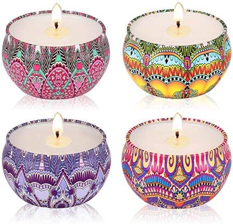 Scented Candles Gift Set Lavender Rose Gardenia and Lilac, Natural Soy Wax with Floral Essential Oil Travel Tin Candles Use for Aromatherapy Stress Relax, Home Decor, Yoga Meditation Reiki, Pack 4