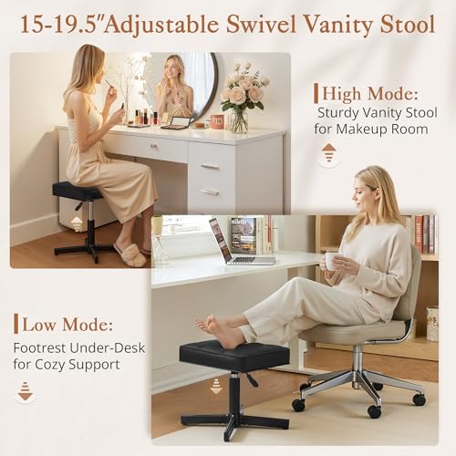 Image of LUE BONA Adjustable Vanity Stool, Foot Rest Under Desk, 360 Swivel Vanity Chair for Makeup Room, Black Upholstered Faux Leather Ottoman for Bathroom & Living Room, 300lbs