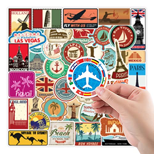 100PCS Travel Map City Stickers, Vinyl Waterproof World Tourism Landmarks Stickers Pack for Adults Teens, Famous Attractions Building Street Scenic Cityscape, Vintage Stamp Decals for Laptop, Luggage