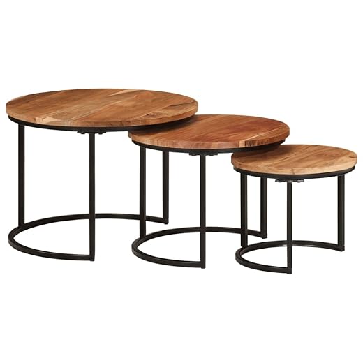 vidaXL Set of 3 Solid Acacia Wood Nesting Tables | Modern Industrial Style Stackable Round Elegant Living Room and Bedroom Furniture Unique Grain Finish Coffee Side Wooden Smooth Texture