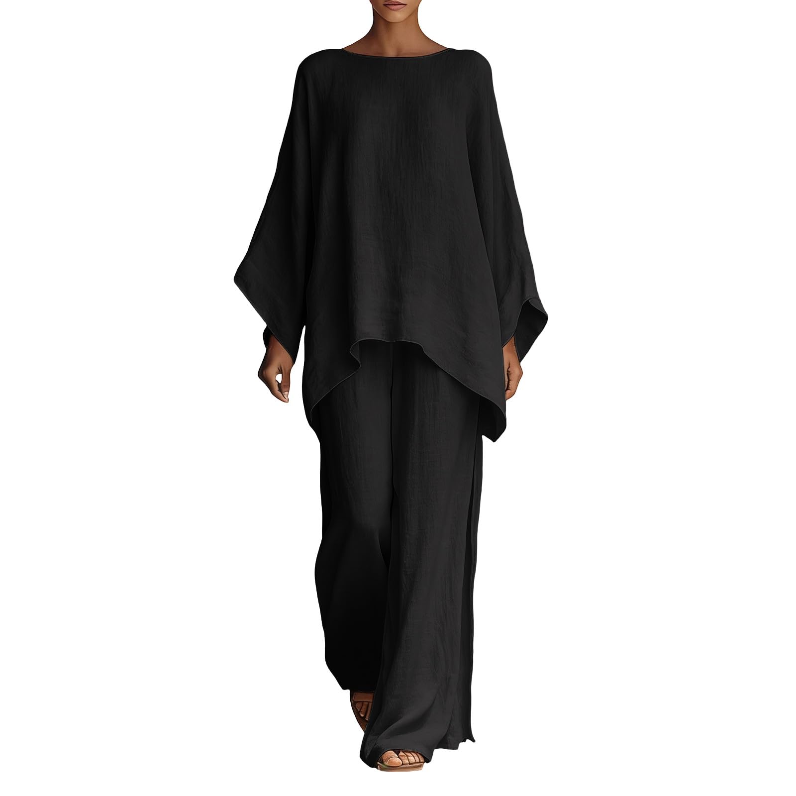 Générique Ensemble 2 pièces femme, haut manches longues uni en lin coton, pantalon large fluide, coupe décontractée design