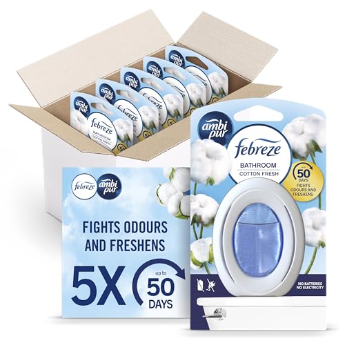Febreze Ambientador de baño, combatiente los olores, algodón fresco, 5 artículos, ambientador de baño y eliminador de olores