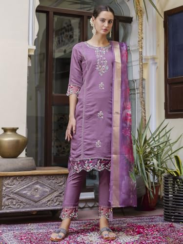 Image of VredeVogel Kurta Set with Dupatta | Viscose Roman Silk Embroidered Kurta Set for Women | Women's Ethnic Casual Kurti Set |Kurta Pant Festive Suit