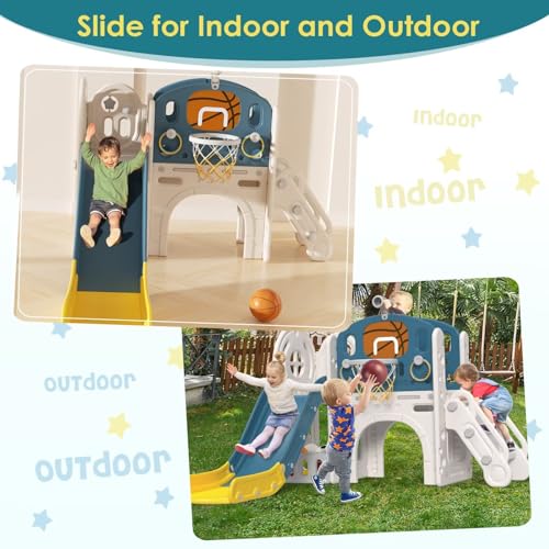 BIERUM 9 in 1 Toddler Slide, Kid Slide for Toddlers Age 1-3 with Ring Toss, Basketball Hoop, and Telescope, Indoor Outdoor Playset Playground Blue Yellow
