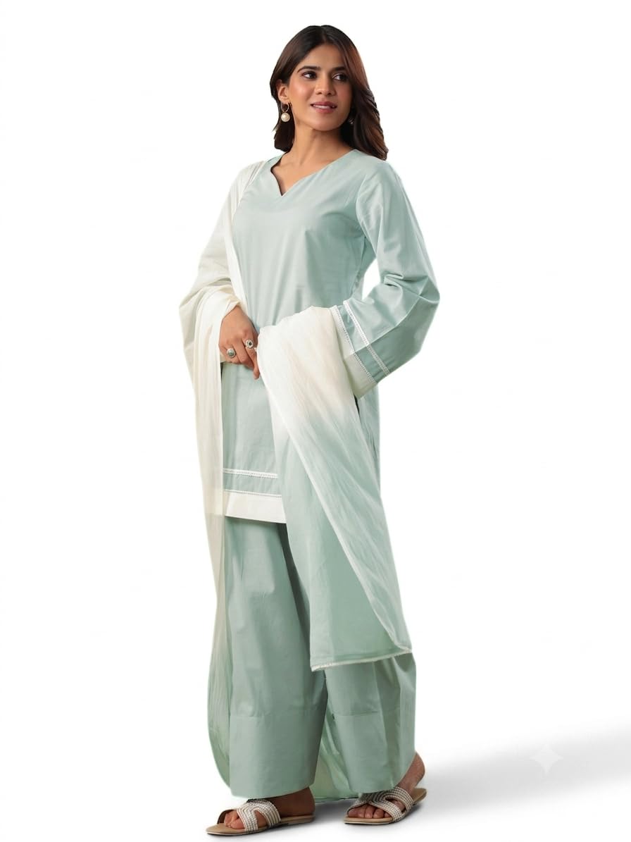 Women's Cotton Solid Farshi Kurta Set with Ombre Dupatta - V-Neck Kurti with Lace Details and Wide-Leg Pants | Soft Breathable Fabric | Stylish Daily Wear-image-34