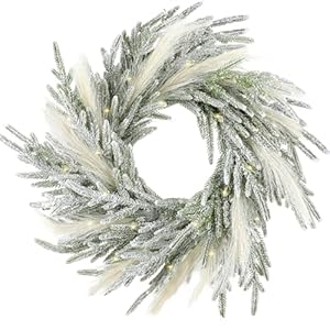 Juexica Pine and Pampas Wreaths 197 Inch White Snow Christmas Norfolk Pine Wreath for Front Door with Lights Boho Farmhouse Christmas Wreath Decoration for Indoor Outdoor Xmas Seasonal Home Decor
