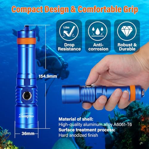 Image of ORCATORCH D710 Scuba Diving Light, 3000 Lumens Super Bright Underwater Flashlight with 6 Degrees Narrow Beam, IP68 Waterproof Night Dive Torch 150 Meters Submersible Light (Blue)