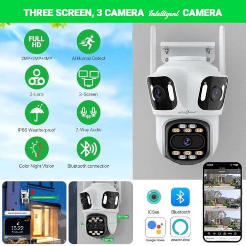 Image of Active Pixel A9 4+4+4MP Triple Lens WiFi Outdoor Security Camera | 8 LED Full-Color Night Vision | 360 PTZ | Motion Tracking | Two-Way Audio | Waterproof Wireless CCTV for Home & Office.