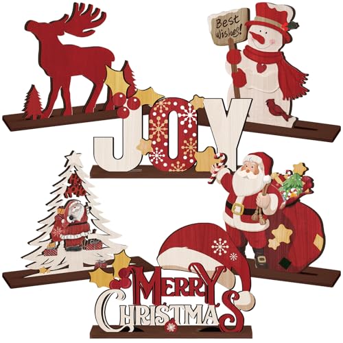 Image of CroBlissful 6 Pcs Christmas Table Decorations Rustic Wooden Xmas Tabletop Decor Snowman Reindeer Xmas Tree Santa Claus Christmas Sign for Office Desk Home Farmhouse Indoor Holiday Party Decor