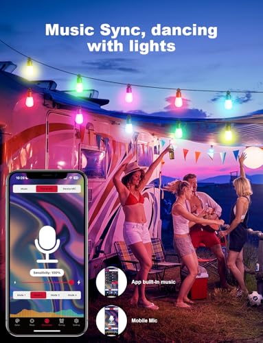 Image of Outdoor String Lights 18 LED Bulbs, 64(52+12) ft RGB+IC+Warm White | APP Control with Remote,Outdoor Lights Music Sync for Garden Party Decor Christmas, NOT Extendable