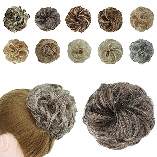 Messy Hair Bun Scrunchies Wavy Curly Synthetic Hair Extensions Donut Chigons Updo Hairpieces (Medium Brown mix Blonde, 12/613)