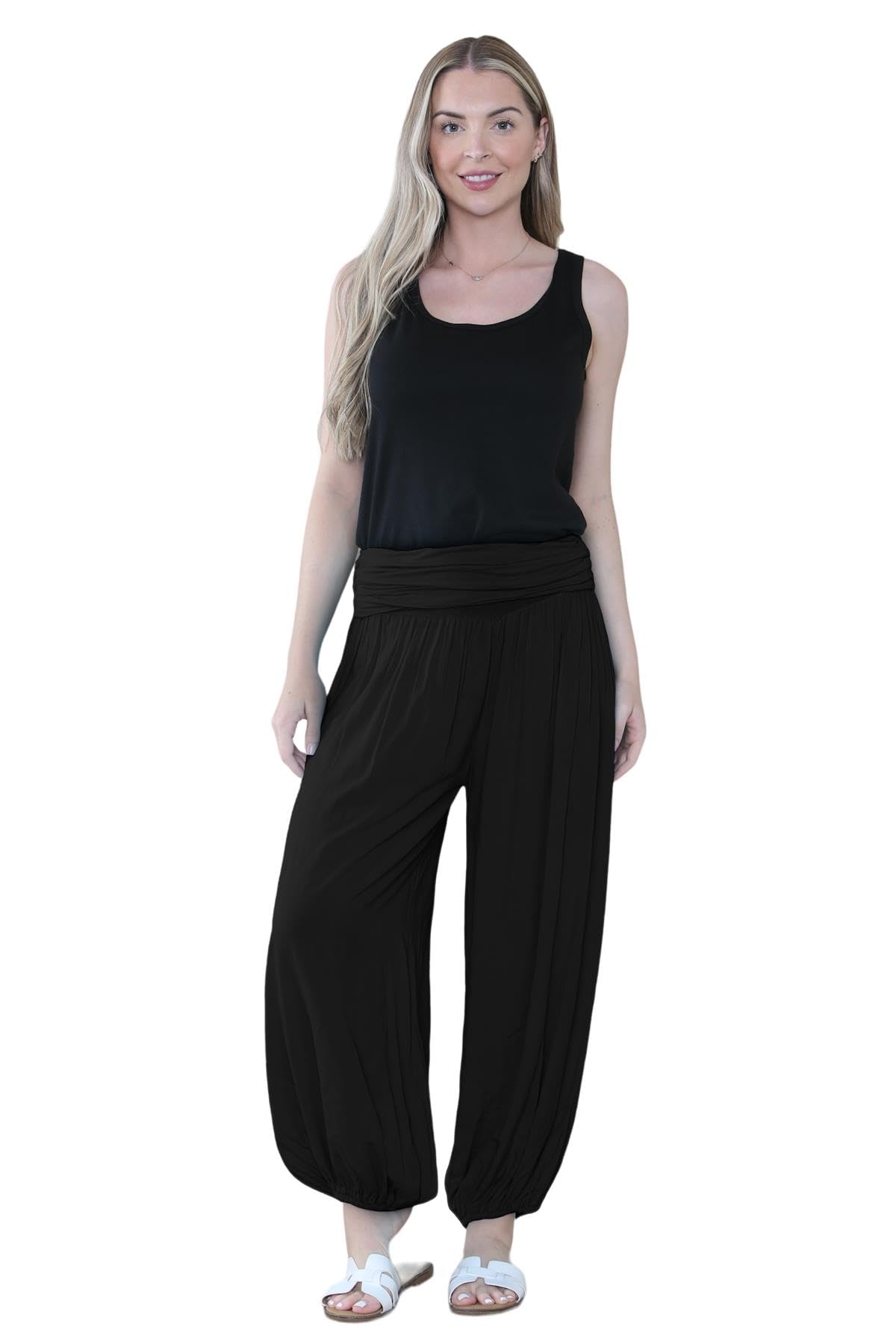 Pantaloni harem larghi da donna italiani Alibaba, comodi ed eleganti, vestibilità larga, pantaloni harem da donna UK | Pantaloni estivi perfetti per le donne UK, Nero , Taglia unica