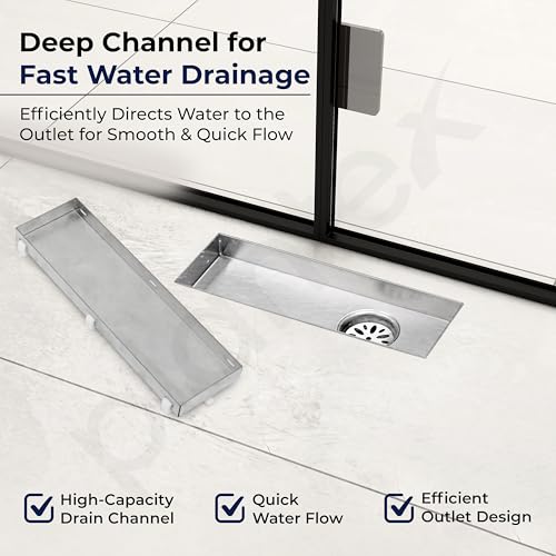 Image of Plantex 304 Grade Stainless Steel Tile Insert Shower Drain Channel /12x4 Inches Waste Water Floor Drain /Invisible Shower Drain Channel with Cockroach Trap - (BH-4104, Chrome)