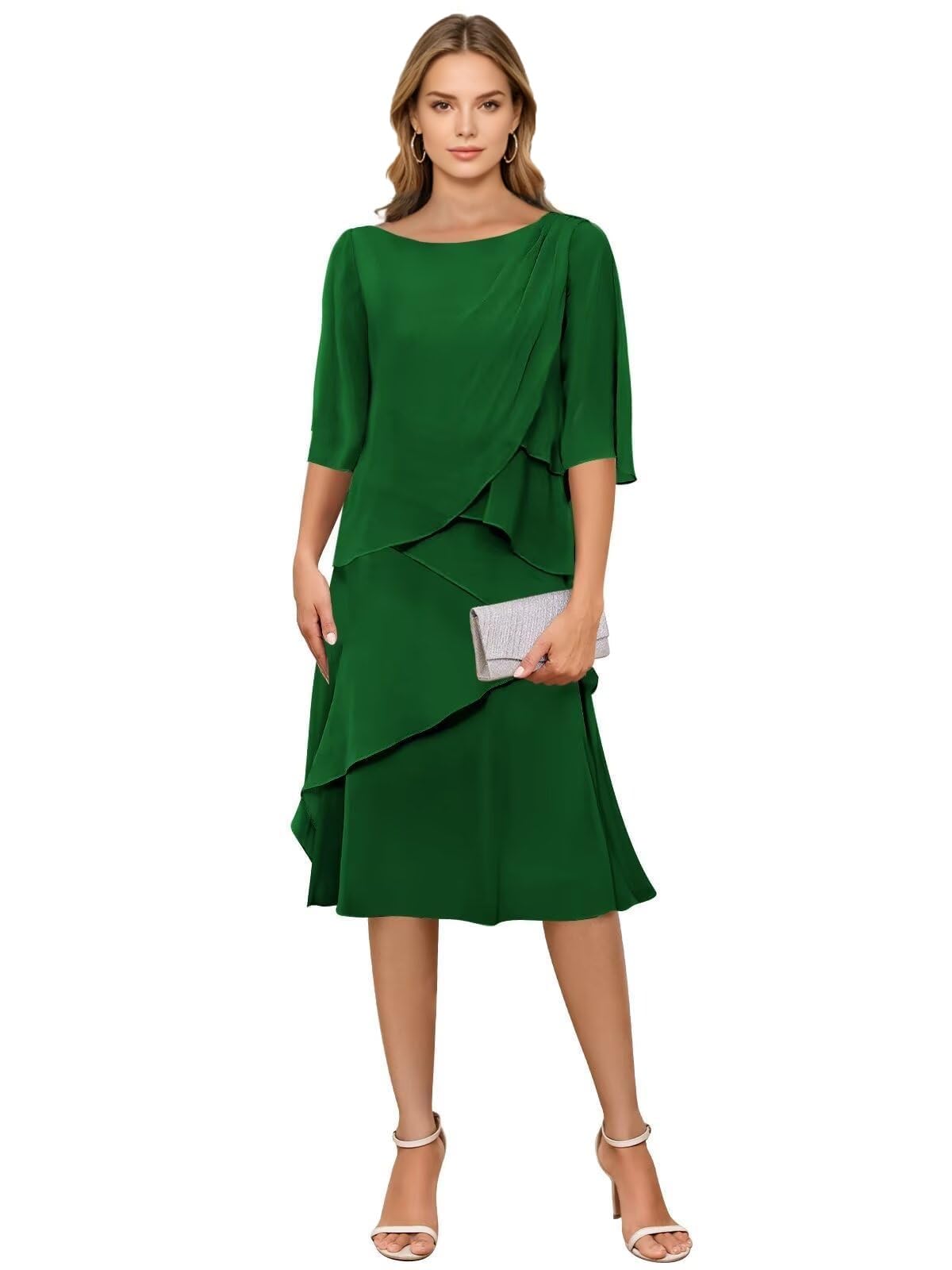 Chiffon-Kleid mit Rüschen, für Abendveranstaltungen, gestuft, für die Brautmutter mit Ärmeln