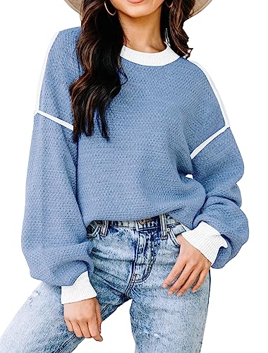 Image of Disamer Women's Crew Neck Sweater Oversized Fall Tops 2023 Batwing Long Sleeve Solid Color Ribbed Knit Side Slit Pullover Top, X-Large, A Blue