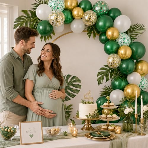 Image of Green and Gold Balloons, 60PCS Metallic Gold and Green Balloons Set, 12 Inch Metallic Confetti Latex Balloon Helium for Birthday Safari Jungle Baby Shower Anniversary Graduation Party Decor