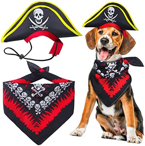 Aichiyu 2 Pieces Skull Print Pet Pirate Hat with Pirate Skull Bandana Dog Cat Captain Cap Halloween Pirate Cosplay Costume Halloween Party Hat Dress Up Costume Accessories (C)