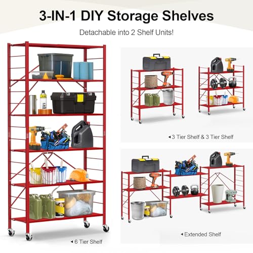 Image of Himix 6-Tier Expandable Storage Shelves Wheels Foldable Shelf Garage Red | Folding shelving units, Metal collapsible organization, Changeable into 2 shelf units, Adjustable, Basement, Holds 3600 Ibs