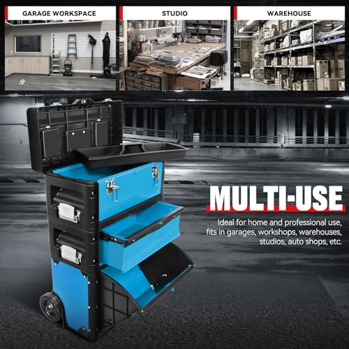 Image of Auto Dynasty 3-Tier Stackable Tool Box, 19.5 Inch 3-in-1 Rolling Tool Box with Wheels, Portable Steel and Plastic Rolling Upright Trolley Toolbox Organizer for Garage Workshop, 3-Piece Set, Blue