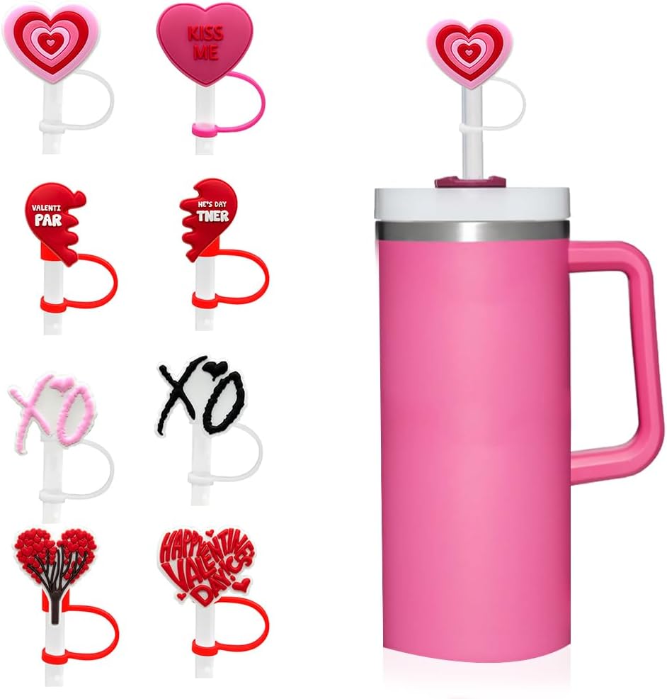 8 PCS 10MM Valentine Straw Cover Cap for Cup, Heart Silicone Straw Topper for 30&40 Oz Tumbler with Handle, 0.4in Dust-Proof Reusable Straw Tips Lids for Valentine's Day Gifts