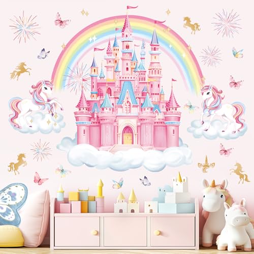 decalmile Stickers Muraux Arc en Ciel Château Grand Autocollant Mural Licorne Arc en Ciel Papillons Nuages Décoration Murale Chambre Enfants Bébé...