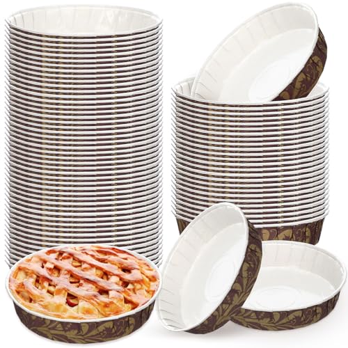 Ferrochef 50 Pcs Paper Cake Baking Mold Pans 6 x 1.4 Inch Retro Round Disposable Pie Pans Heat Resistant Shallow Paper Cake Bakeware Cups for Muffins Pies Quiche Microwave Oven and Freezer Safe