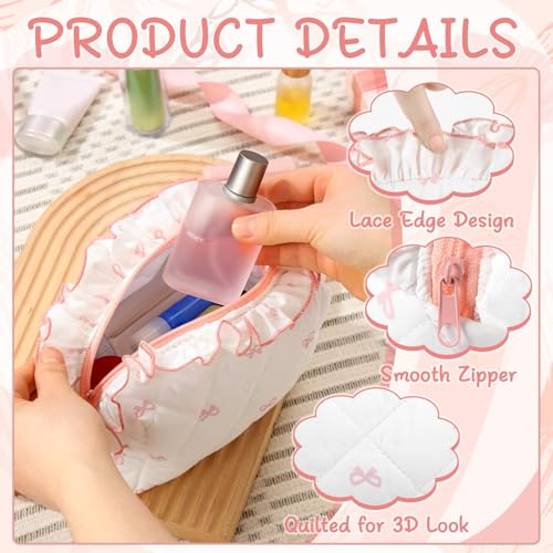 Kacctyen 3 Pcs Coquette Pink Bow Quilted Makeup Bag Set Cute Aesthetic Ruffles Cosmetics Bag Preppy Travel Makeup Pouch for Women Girl Toiletry Pencil Pouch Large Small Size3