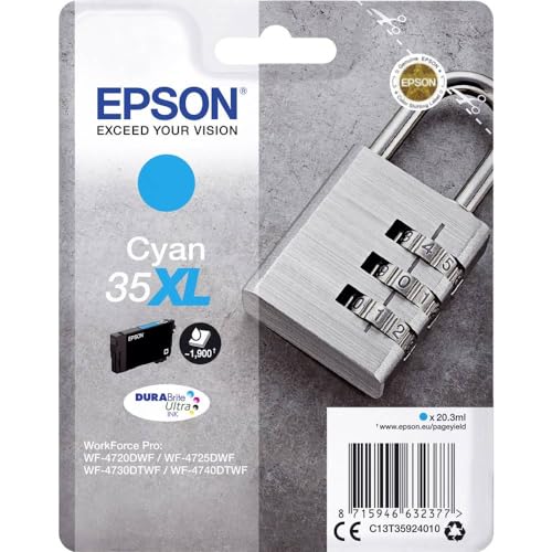 Epson 35XL Cadenas Cyan, Cartouche d'encre d'origine XL Haute capacité, WF-4720DWF, WF-4725DWF, WF-4730DTWF, WF-4740DTWF