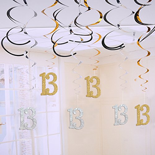 MAGJUCHE 13th Birthday Decorations Kit-Gold Silver Glitter Happy 13 years old Birthday Banner & Sparkling Celebration Hanging Swirls, Party Supplies
