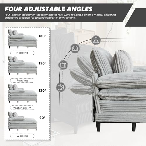 Image of Oversized Chaise Lounge Chair Indoor with 5-Position Adjustable Backrest, 54.8 inch Upholstered Corduroy Deep Seat Single Cloud Sofa Chair, Fluffy Modern Sleeper Couch Bed for Living Room, Grey
