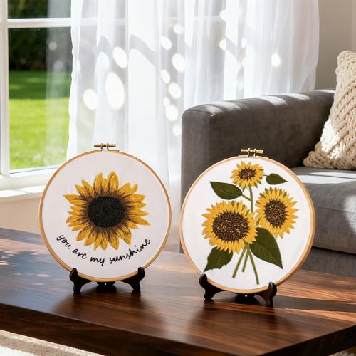 Image of Sunflower Embroidery Kits for Beginners Adults, Floral Hand Embroidery Set Needlepoint Kits, Stamped Cross Stitch Kits for Beginners Adults, 2 Embroidery Hoops, Fabric, Thread(Attached Video Tutorial)