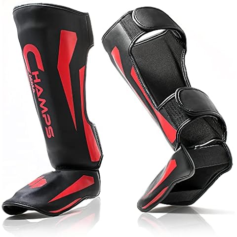 Champs MMA Shin Guards for Martial Arts - Padded, Adjustable Muay Thai Leg Guards with Instep Protection for Kickboxing/MMA Training and Sparring - Durable, Professional MMA Equipment (L, Black) Cover