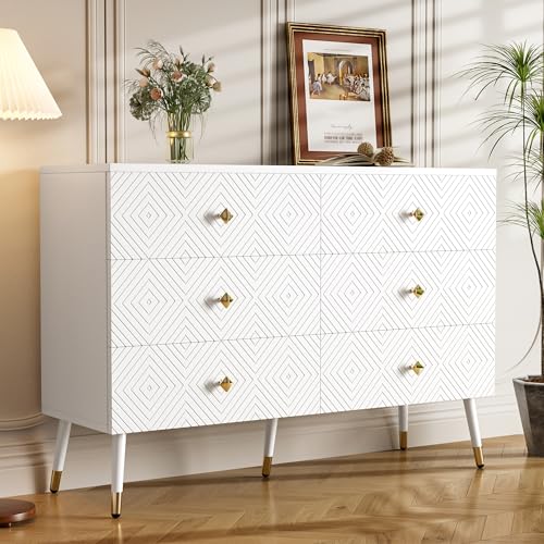 Pangshiyuan Cajonera con 6 cajones, color blanco, 120 x 40 x 80 cm, armario con estampado frontal y patas metálicas, de MDF para dormitorio, salón, pasillo